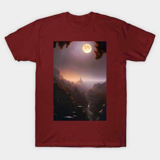 Mystic Full Moon over Fantasy Red Rock Valley Digital AI Art T-Shirt by Christine aka stine1